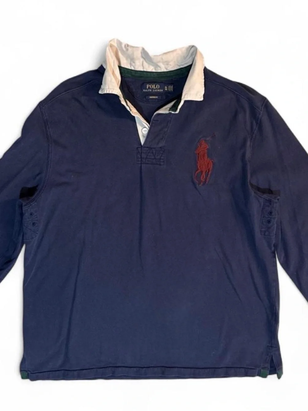 Polo by Ralph Lauren Navy Long-Sleeve Rugby Shirt with Cream Collar and Red Pony